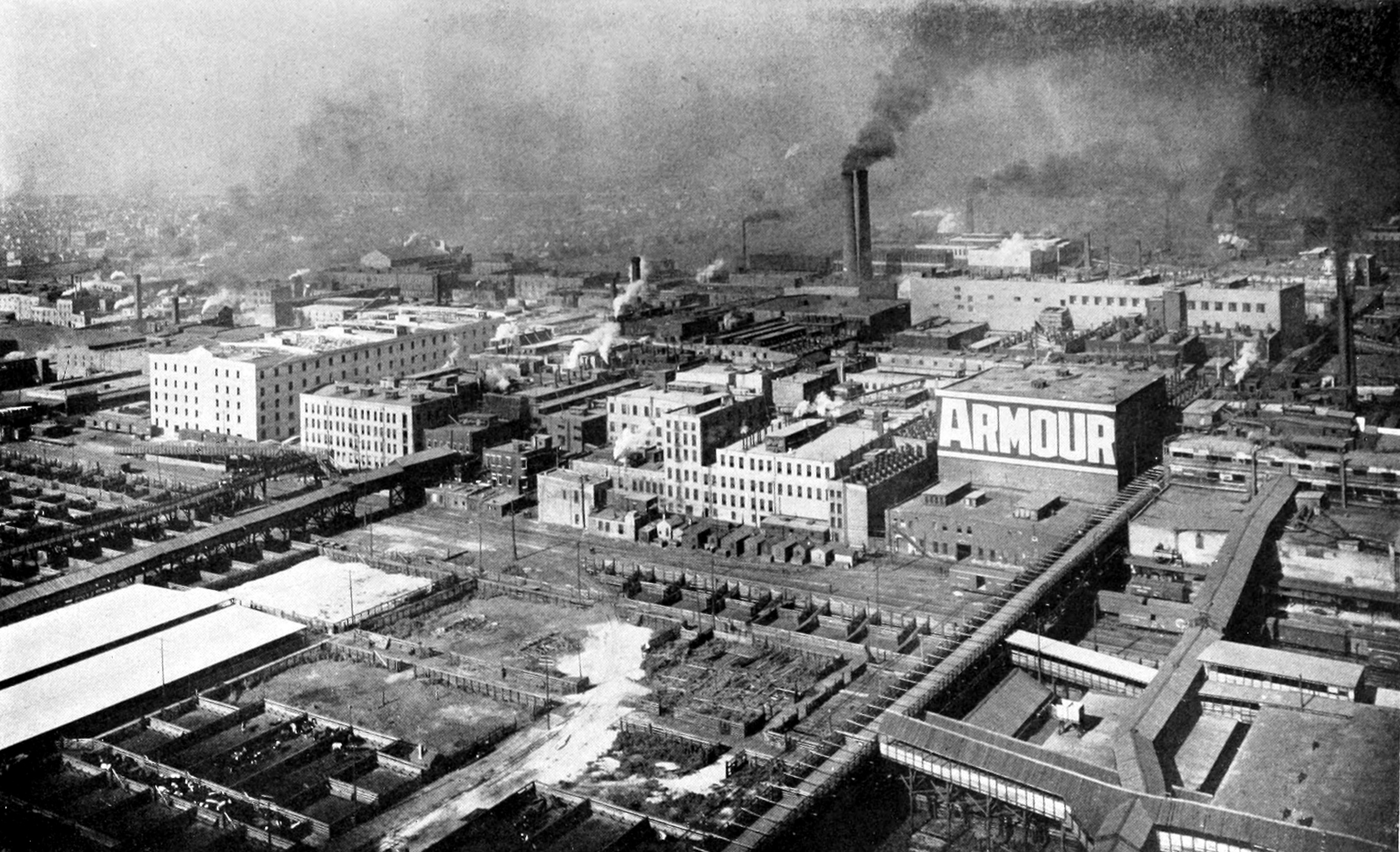 View of Armour’s plant and stockyards from a balloon, circa 1910. (Wikimedia)